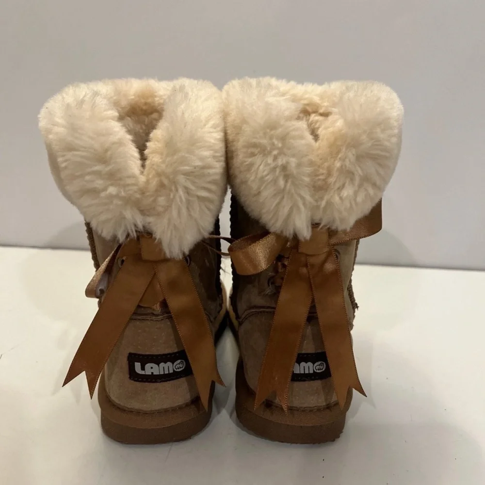 LAM Elise Girls Youth Sz 12 Fur Lined Brown Suede Boots W/ Bows Winter